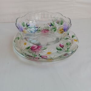 Hand-Painted Floral Glass Bowl and Plate Set